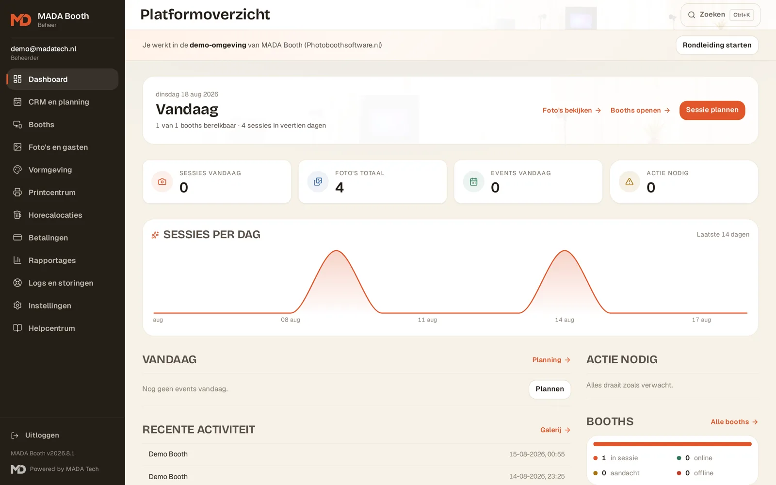 Dashboard met sessies, omzet en boothstatus