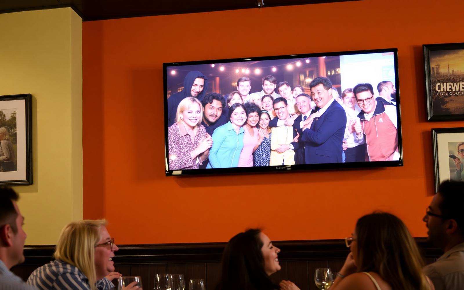 Foto's en reclame op een scherm in de zaak