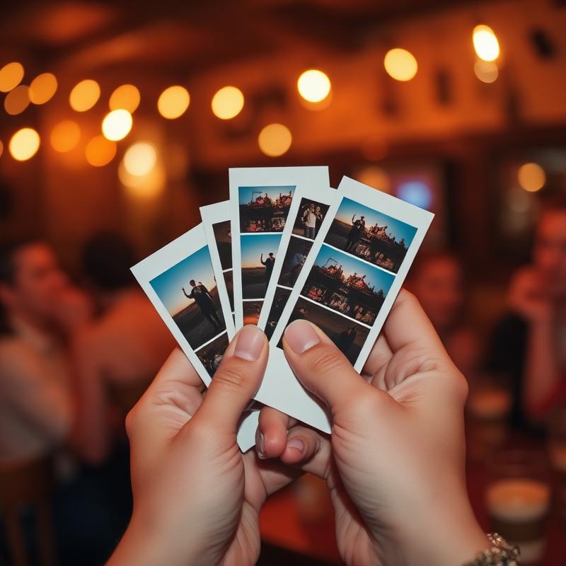 Gast houdt net geprinte fotostrips vast in een gezellig cafe