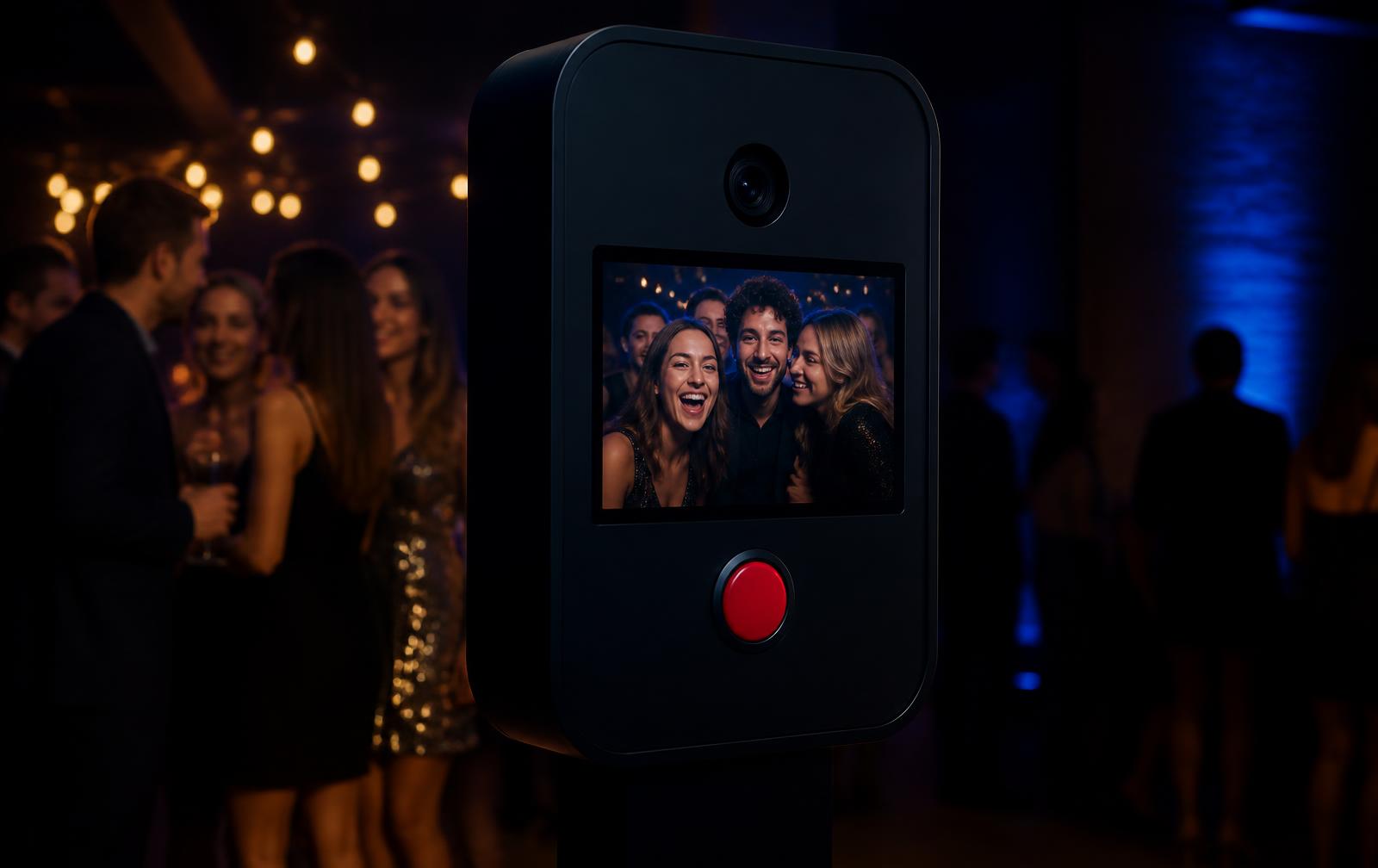 Photobooth met fotostripprinter in gebruik tijdens een evenement